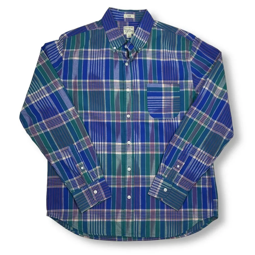 J.Crew Indian Madras Button-Down Plaid Shirt Blue Green Check Long Sleeve Mens L
